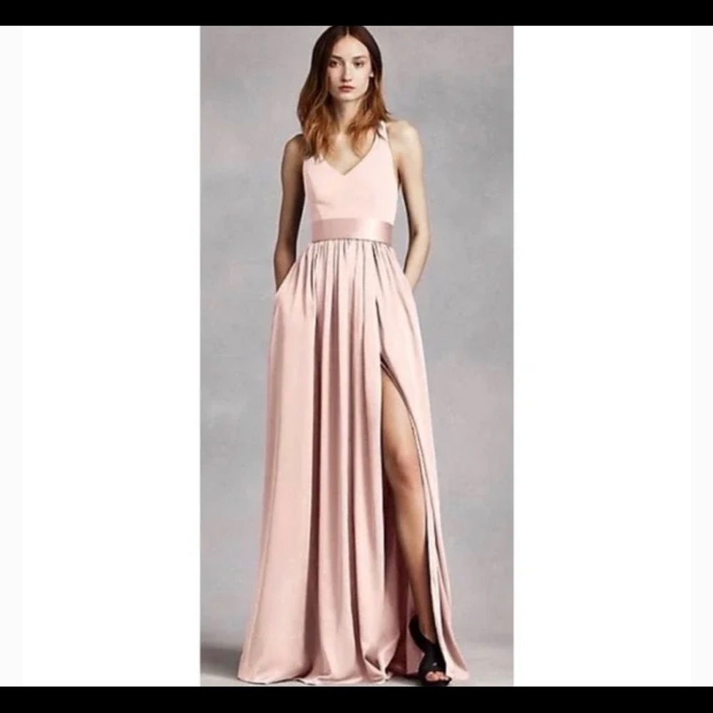 Vera Wang Blush V Neck Bow T Back Maxi with High Slit Formal Dress